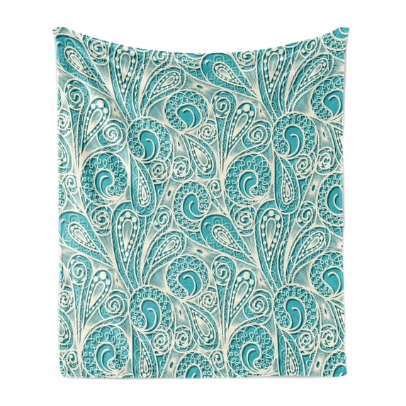 Teal and White Soft Flannel Fleece Throw Blanket, White Lace Style Pattern Feminine Fashion Romantic Composition Print, Cozy Plush for Indoor and Outdoor Use, 70" x 90", Turquoise White, by Ambesonne