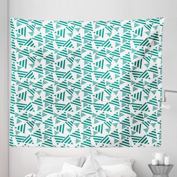 Teal White Tapestry, Abstract Triangle Shapes with Bold Colored Stripes Simplistic and Monochrome, Fabric Wall Hanging Decor for Bedroom Living Room Dorm, 5 Sizes, Teal White, by Ambesonne