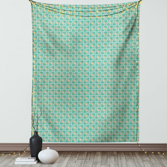 Teal and White Tapestry, Floral Moroccan Mosaic Pattern Ancient Cultural Design Eastern Asian Tile, Wall Hanging for Bedroom Living Room Dorm Decor, 60W X 80L Inches, Multicolor, by Ambesonne