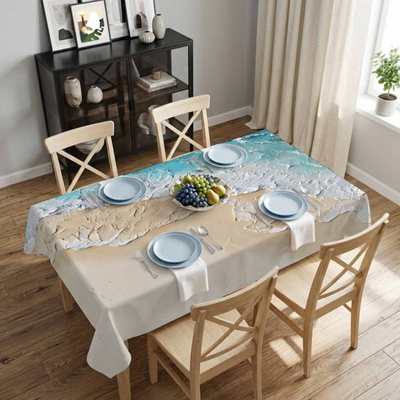 Teal White Wave Painting Rectangle Tablecloth 52x70 Inch Ocean Beach Waterproof Polyester Tablecloth for Dining Table, Washable Table Cover for Kitchen Dining Room Wedding Decoration,Stain Resistant