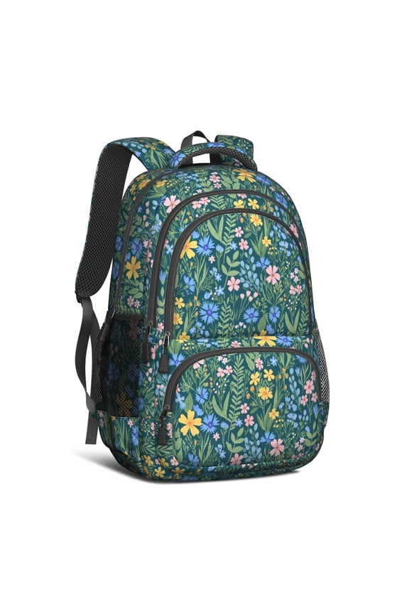 Teal Wildflower Meadow Multi-Pocket Laptop Backpack, Large Travel & School Daypack for Men Women