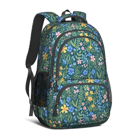 Teal Wildflower Meadow Multi-Pocket Laptop Backpack, Large Travel & School Daypack for Men Women