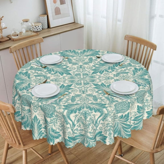 Teal William Morris Botanical Scroll Round Tablecloth Waterproof Oil Proof Spill Proof Table Cloth 70" for Camping, Dining, Indoor and Outdoor Table Cover