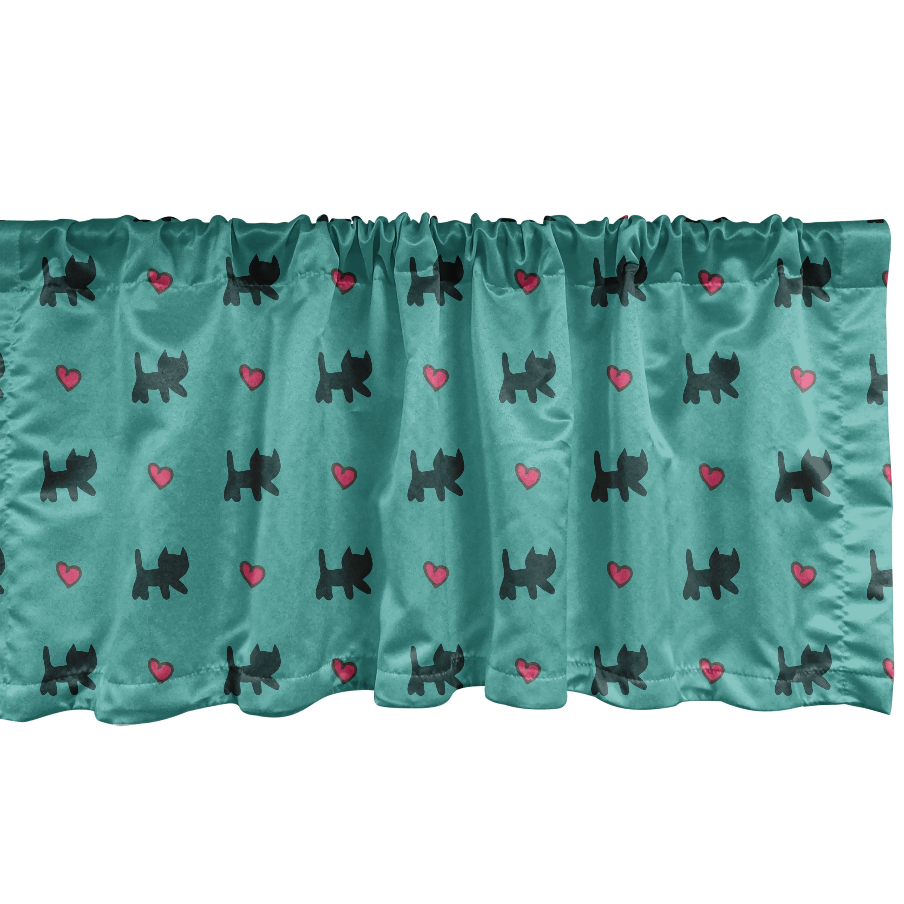 Teal Satin Polyester Valance with Kittens and Hearts, 54" W x 12" L