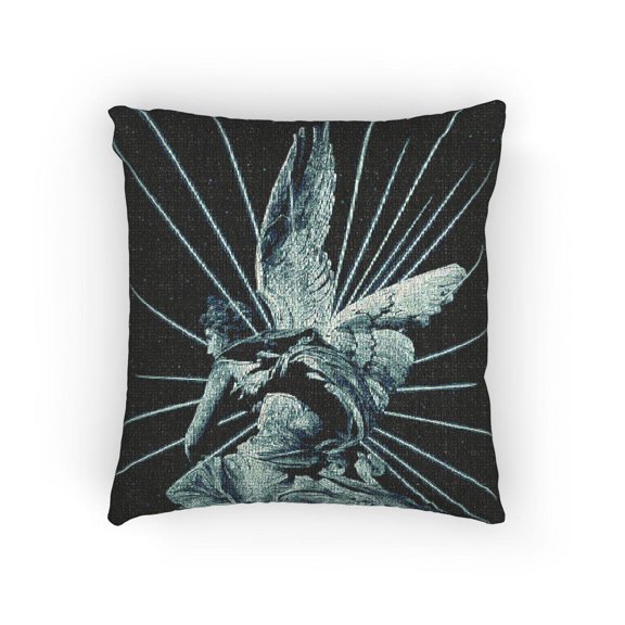 Teal Winged Angel Statue and Radiating Lines Decorative Woven Pillow, Cotton-Polyester Shell, Gothic Style, 17 x 18 in