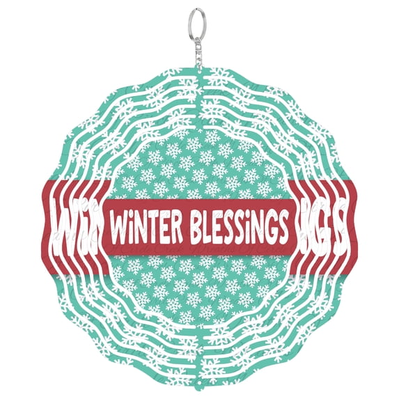 Teal Winter Blessings Snowflake 3D Wind Spinner Hanging, Round UV Printed Tinplate, Holiday Ornament,