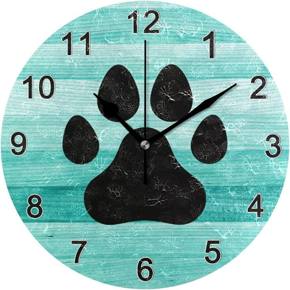 Teal Wood Black Dog Paw Print Wall Clock Round Non Ticking Silent for Bedroom Bathroom Lobby Wall Decoration
