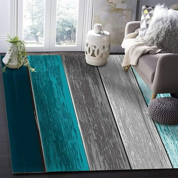 Teal Wood Board Area Rug, Grey Gradient Stripes Rectangle Rugs, Non Slip Machine Washable Easy Care Carpet For Classroom Studio Piano Room Violin Room Decor Rug 5 x 8ft