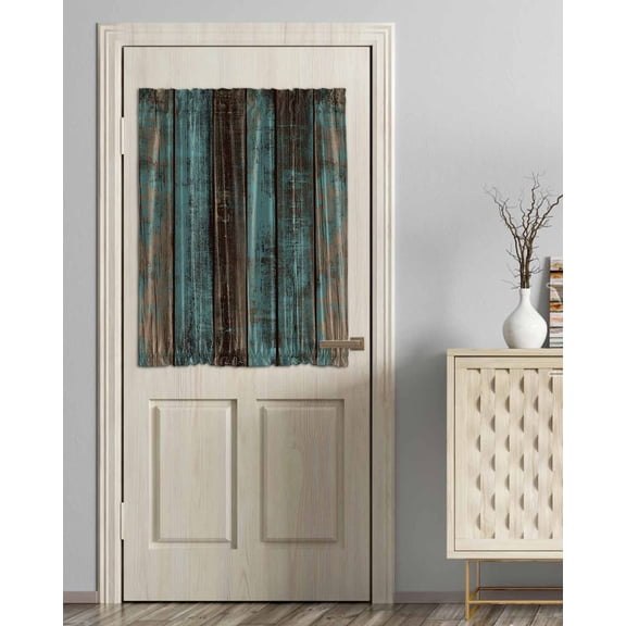 Teal Wood Grain Blackout Door Curtains for French, Glass,Front, Back, Patio Door, Gradient Farm Old Wooden Board Vintage Thermal Insulated Rod Pocket Window Curtain Drapes With Tiebacks 54"x40"