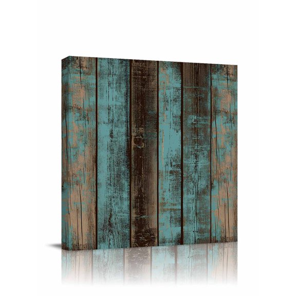 Teal Wood Grain Canvas Wall Art, Farmhouse Board Retro Vintage Strip Framed Wall Decor Modern Artwork Prints Painting for Living Room, Bedroom, Kitchen & Cafe Decor 8x8 Inch