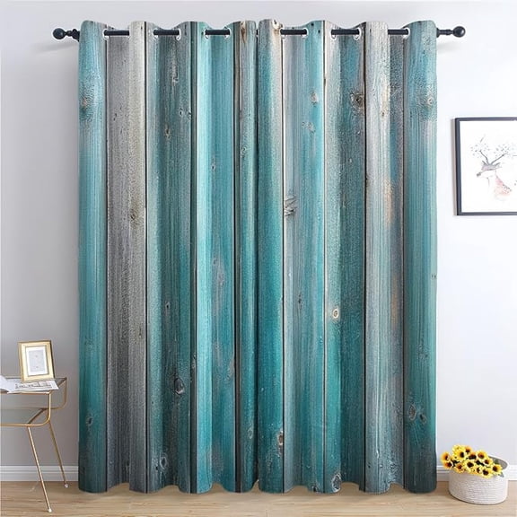 Teal Wood Grain Curtains, Rustic Coastal Barnwood Patterned Blackout Curtains For Bedroom, Living Room Decor, Room Darkening Thermal Insulated Grommet Drapes 26"W x 54"L (Pack of 2)