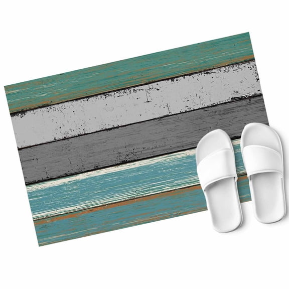 Teal Wood Grain Door Mat Vintage Green Grey Rustic Wooden Plank Non Slip Absorbent Entrance Mat Washable Low Profile Indoor Doormat for Front Door Entryway Entry 16"x24"