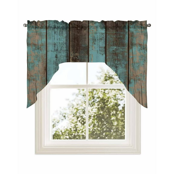 Teal Wood Grain Kitchen Curtains Swag Valance for Windows/Bathroom/Cafe, Gradient Farm Old Wooden Board Vintage Rod Pocket Drape Panel Swag Curtains Valance for Bedroom/Living Room 56"x36"