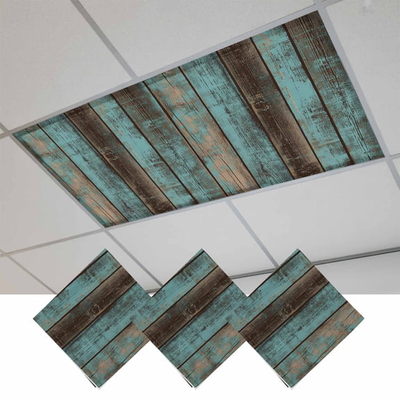 Teal Wood Grain Magnetic Fluorescent Light Covers for Ceiling Lights 2x4Ft, Gradient Farm Old Wooden Board Vintage Office Classroom Kitchen Drop Ceiling Light Covers Filters Shade Panel 3 Packs