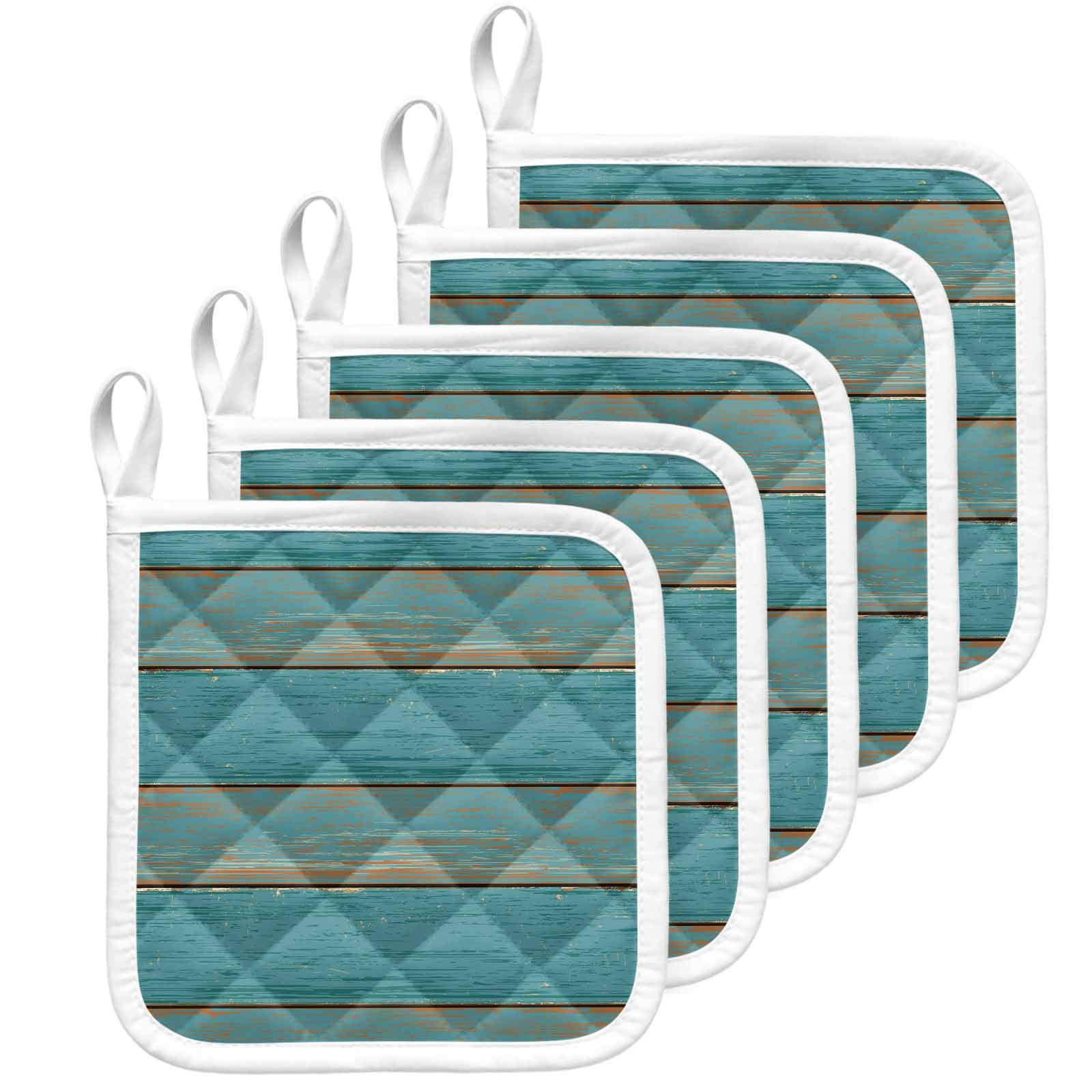 Teal Wood Grain Pot Holders for Kitchen Heatproof Potholder, 5 Pack Farmhouse Vintage Wooden Rustic Hot Pads Multipurpose Oven Pads Cloth Potholders Trivet for Cooking Baking