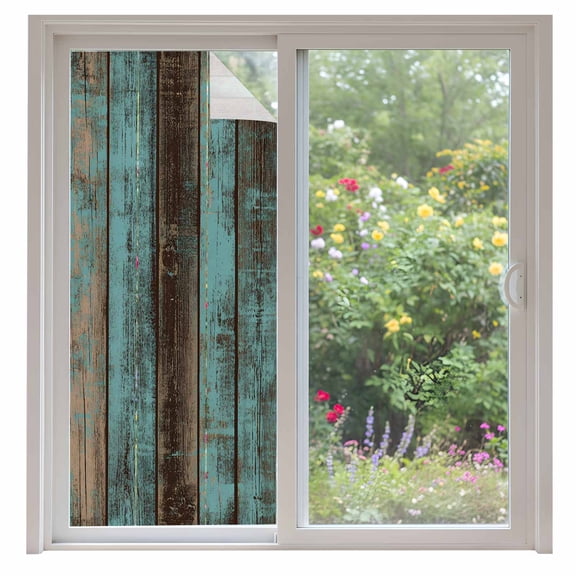 Teal Wood Grain Privacy Window Film, Decorative Frosted Glass Window Film, Gradient Farm Old Wooden Board Vintage Reusable Peel and Stick Static Cling for Home Bathroom Office Glass Door 35.4"x78.7"