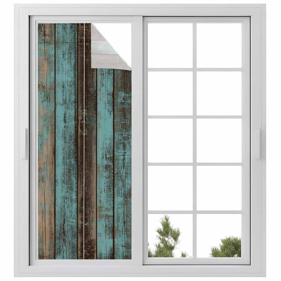 Teal Wood Grain Privacy Window Film, Decorative Frosted Glass Window Film, Gradient Farm Old Wooden Board Vintage Reusable Peel and Stick Static Cling for Home Bathroom Office Glass Door 23.6"x59"