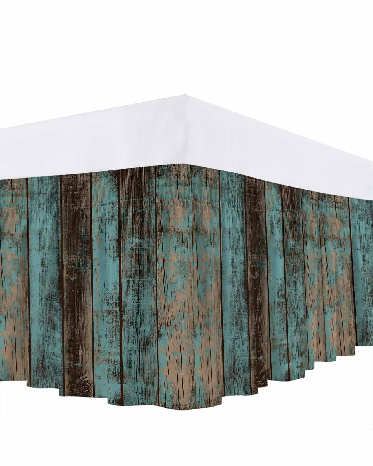 Teal Wood Grain Ruffle Bed Skirt Queen Size Farmhouse Board Adjustable Elastic Dust Bed Skirts Wrap Around Bedskirt Wrinkle Free Easy Fit with 16 Inch Drop