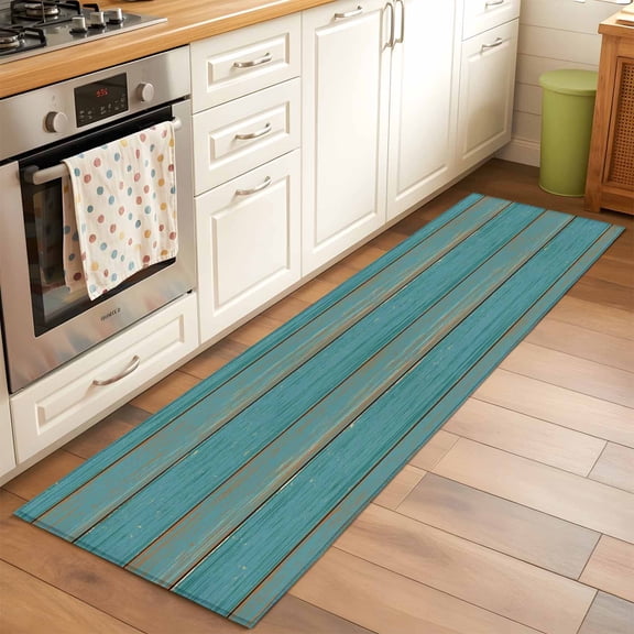 Teal Wood Grain Runner Rug 2x6 FT, Non Slip Hallway Carpet, Farmhouse Vintage Wooden Rustic Washable Soft Floor Carpet Throw Runner Carpet Long Rug for Entryway Kitchen Bedside Sliding Door