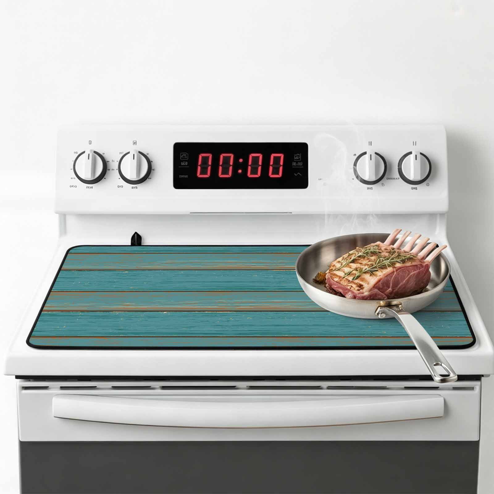 Teal Wood Grain Stove Top Cover for Electric Stove, Heat-proof & Non Slip Glass Top Stove Cover Protector, Farmhouse Vintage Wooden Rustic Kitchen Flat Cooktop Rubber Mat 24x21 Inches
