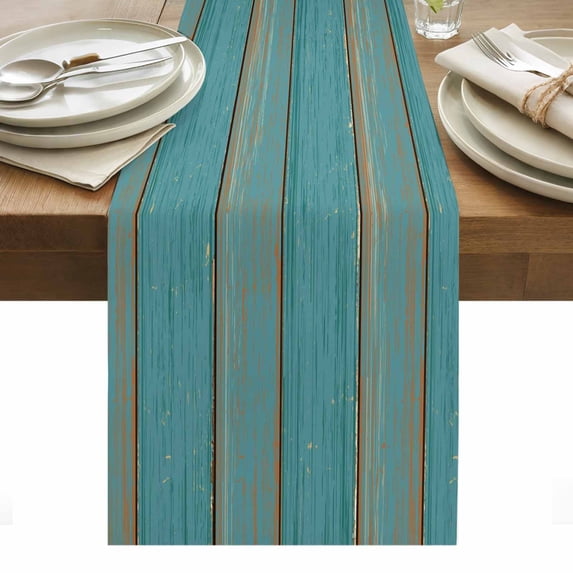 Teal Wood Grain Table Runner - 70 Inch Long, Kitchen Dining Table Runner Dresser Scarves, Farmhouse Vintage Wooden Rustic Farmhouse Decor for Coffee Tables Wedding Party Banquet