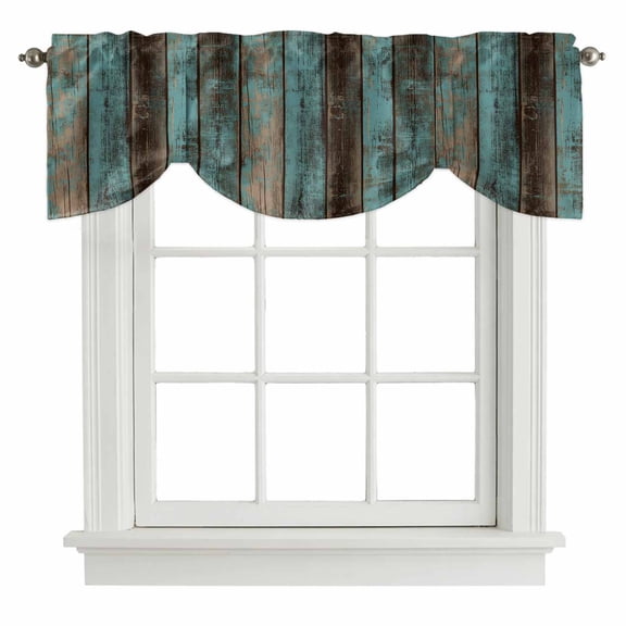 Teal Wood Grain Tie Up Window Valance Farmhouse Board Retro Vintage Strip Tie-up Valance for Kitchen Windows Adjustable Small Curtain Balloon Shades for Kitchen Bathroom Cafe 42x12inch
