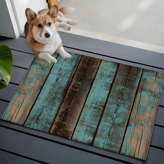 Teal Wood Grain Washable Area Rug 2x3 Farmhouse Board Retro Vintage Strip Low-Profile Area Rugs with Non Slip Backing Indoor Floor Carpet for Entrance Living Room Bedroom Home Office