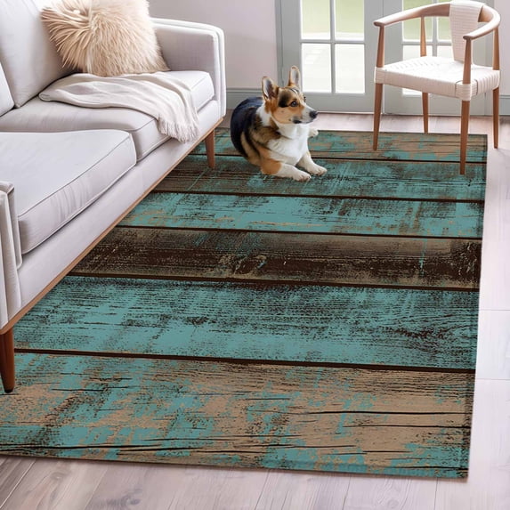Teal Wood Grain Washable Area Rug 3x5 Farmhouse Board Retro Vintage Strip Low-Profile Large Area Rugs with Non Slip Backing Indoor Floor Carpet for Entrance Living Room Bedroom Home Office