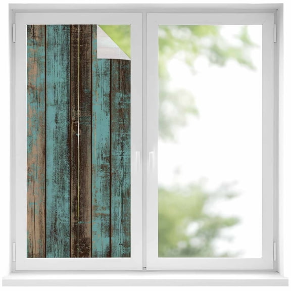 Teal Wood Grain Window Privacy Film, Gradient Farm Old Wooden Board Vintage Static Cling UV Sun Blocking Heat Control Window Tint, Non-Adhesive One Way Windows Privacy Cover 17.7''x39.3''