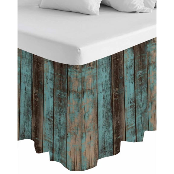 Teal Wood Grain Wrap Around Bed Skirts for King Bed 18" Drop,Bed Skirt with Adjustable Elastic Belt Dust Ruffle Bed Valance for Bedroom Hotel Gradient Farm Old Wooden Board Vintage Bed Frame Cover