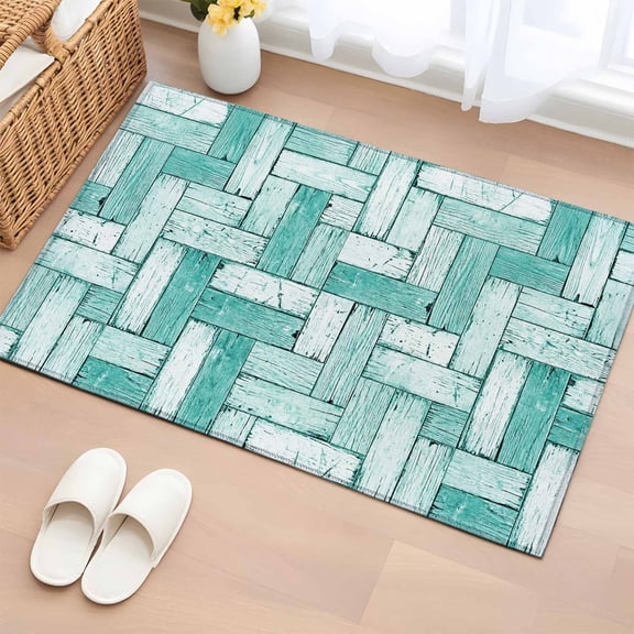 Teal Wood Plank 2'x3' Rug for Entryway Front Door Kitchen Sink Area, Modern Coastal Aqua Wood Grain Low Pile Washable Non Slip Rectangle Area Rug