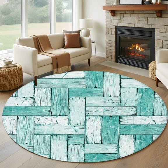 Teal Wood Plank 8' Round Rug for Open Concept Living Room Seating Zone, Modern Coastal Aqua Wood Grain Washable Non Slip Large Circle Area Rug