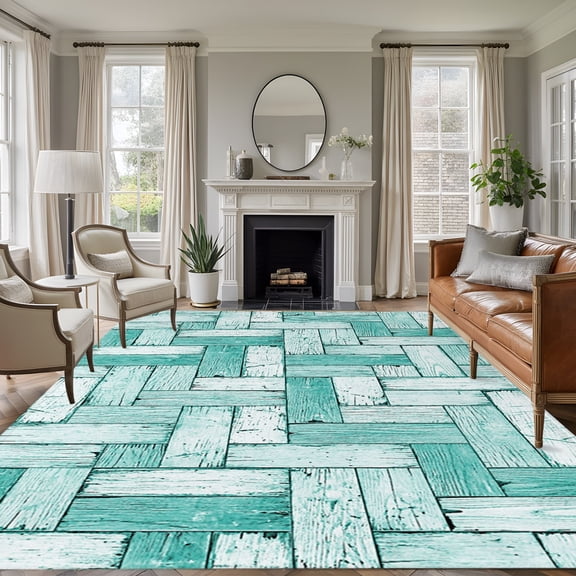 Teal Wood Plank 8'x10' Large Area Rug for Living Room Sectional Sofa, Modern Coastal Aqua Wood Grain Washable Non Slip Low Pile Rectangle Area Rug