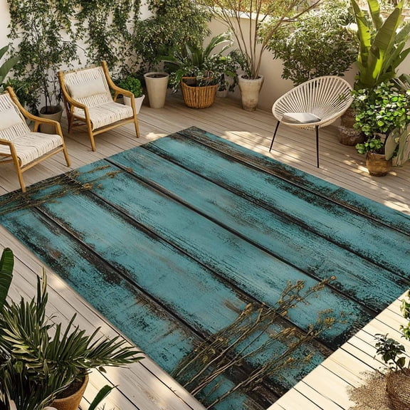 Teal Wood Print Outdoor Rug 3x5 Ft - Reversible Patio Rug Outdoor Camping Rugs, Abstract Vintage Plank Plant Washable Indoor Outdoor Area Rugs, Non-Slip Outdoor Carpet Runner for Deck/Porch