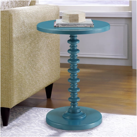 Teal Wood Round End Table with Pedestal Base, Compact Accent Table for Living Room, Bedroom
