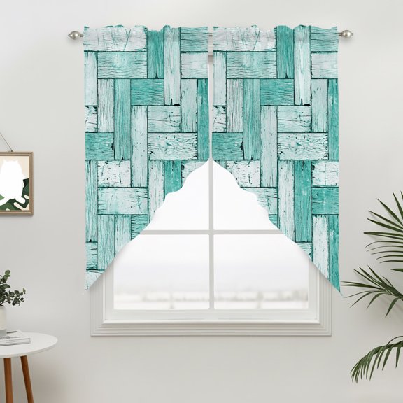 Teal Wood Swag Valances for Windows, Modern Vibrant Wooden Board Planks Rod Pocket Short Curtains, Machine Washable Kitchen Window Topper for Bathroom Living Room, 28 x 36 Inch, 1 Pair