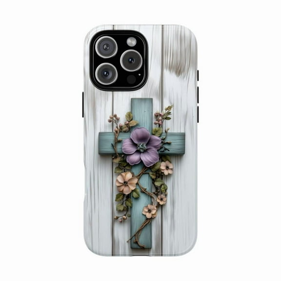 Teal Wooden Cross Floral Vines Christian Religious Inspired Artistic Illustration Phone Case for iPhone 11 12 13 14 15 16 17 Pro Max