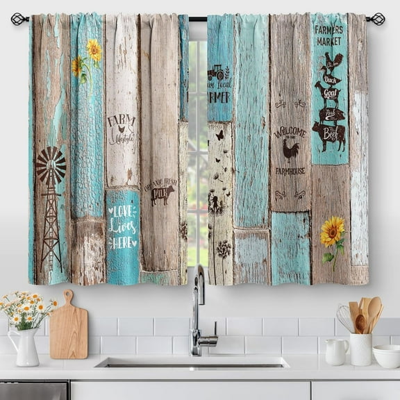 Teal Wooden Kitchen Curtains - Country Floral Farm Rustic Vintage Wood Small Short Tier Curtains Retro Decor for Living Room Rod Pocket Window Drapes 36 Inch Length 2 Panels 28"x36"