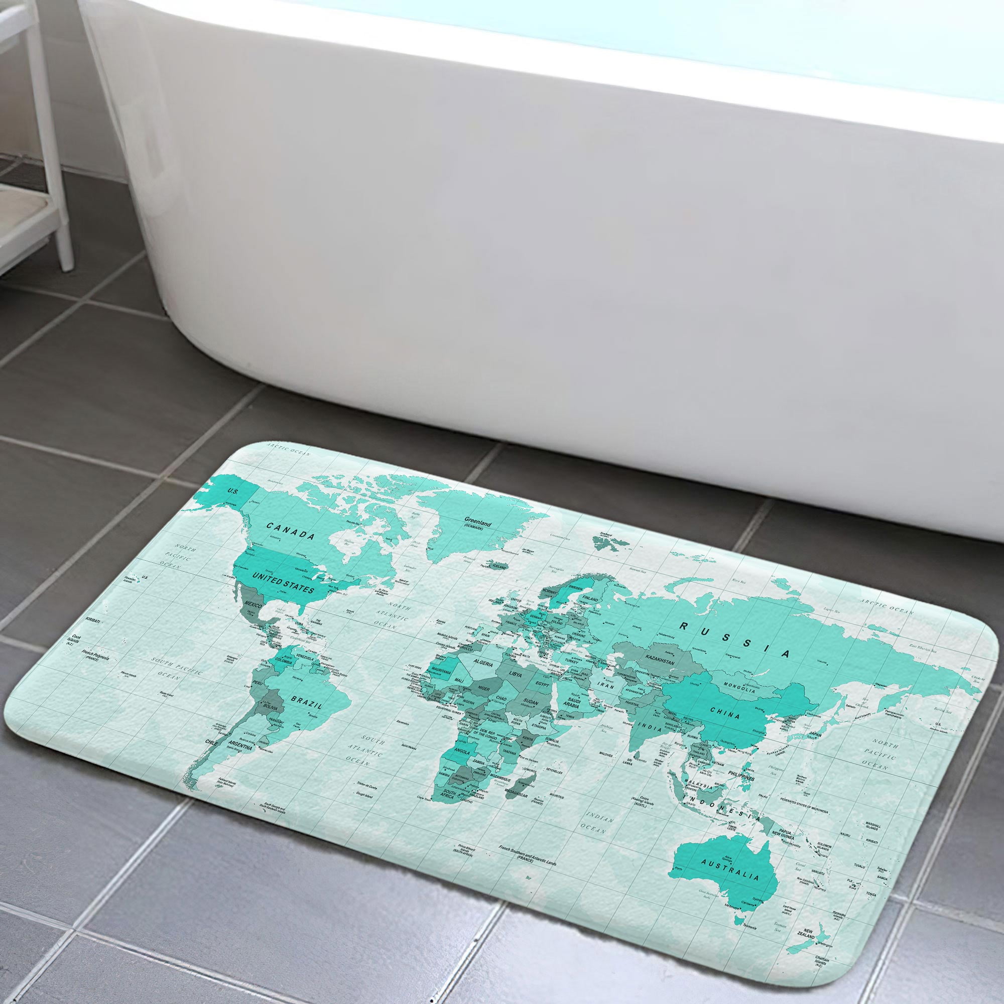 Teal World Map Bath Rugs, Geographical Travel Map Bathroom Accessories ...