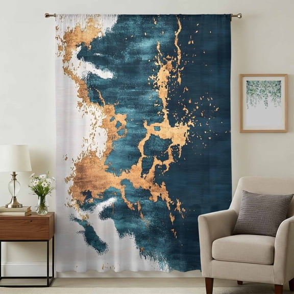 Teal Yellow Art Sheer Curtains 45 Inches Long, Modern Abstract Art Aesthetics Light Filering Curtains, Breathable Simi Curtain Privacy Drapes for Kitchen Bathroom Lightweight Small Window Treatment