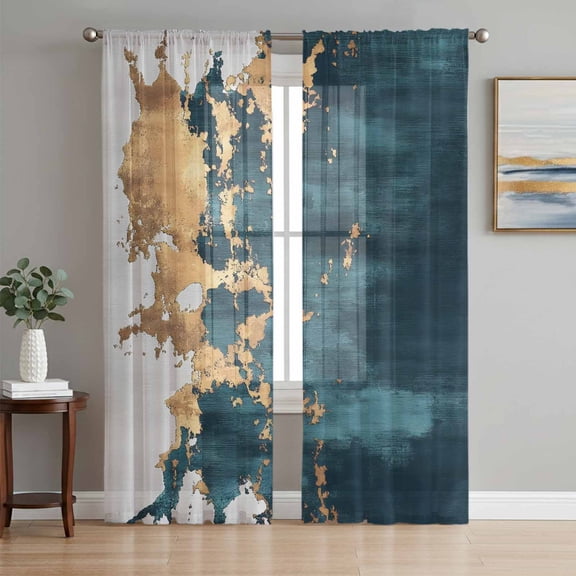 Teal Yellow Art Sheer Curtains 63 Inch Length 2 Panels Set, Modern Abstract Aesthetics Voile Window Treatment Rod Pocket Curtains Sheers Drapes for Bedroom/Living Room/Kitchen 52x"63"x2