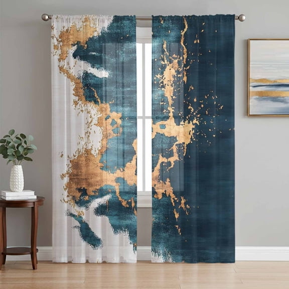 Teal Yellow Art Sheer Curtains 63 Inch Length 2 Panels Set, Modern Abstract Art Aesthetics Voile Window Treatment Rod Pocket Curtains Sheers Drapes for Bedroom/Living Room/Kitchen 52x"63"x2