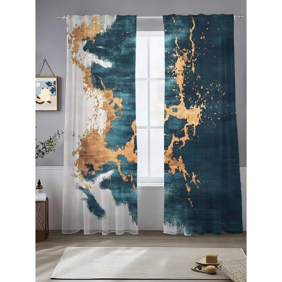 Teal Yellow Art Sheer Curtains for Living Room Bedroom Modern Abstract Art Aesthetics Sheer Curtains 84 Inch Long 2 Panels Set Light Filtering Curtain Window Treatments Drapes for Dining Room