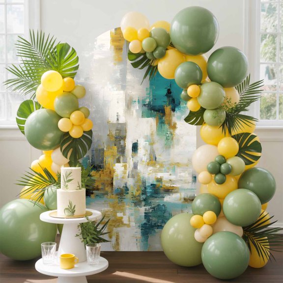 Teal Yellow Blocks Arch Backdrop Cover, 4FT, Abstract Oil Painting Architecture Spandex Arch Covers Double-Sided Backdrop for Wedding Birthday Party Photo Background Decoration