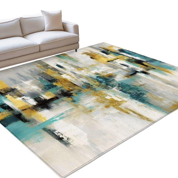 Teal Yellow Blocks Area Rugs 4x6ft Abstract Oil Painting Architecture Washable Rug, Non Slip Indoor Carpet Absorbent Floor Mat for Living Room Bedroom Dining Room