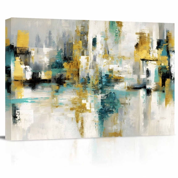 Teal Yellow Blocks Canvas Print Wall Art Abstract Oil Painting Architecture Pictures Painting Morden Artwork for Living Room Bedroom, Ready to Hang - 12"x16"