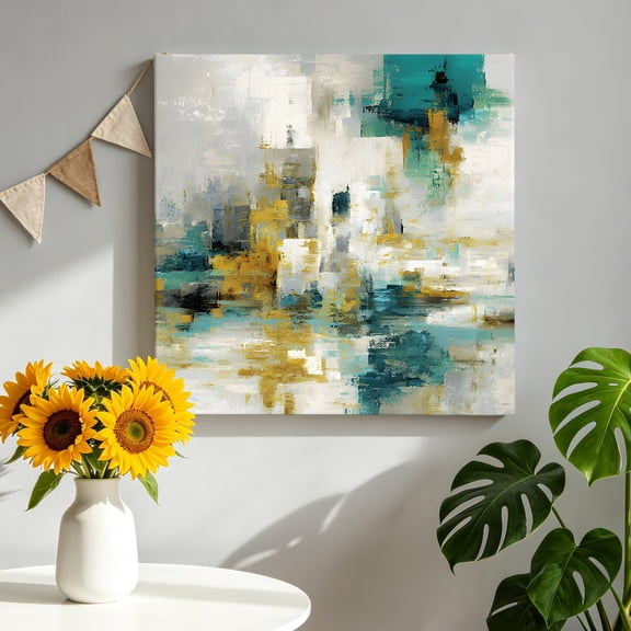 Teal Yellow Blocks Canvas Wall Art, Abstract Oil Painting Architecture Framed Canvas Wall Decor Picture Print Artwork Decorations for Living Room Office Ready to Hang 8" x 8"