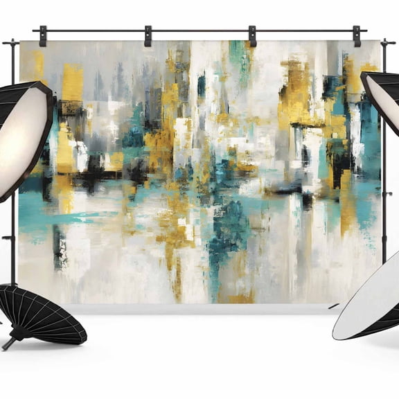 Teal Yellow Blocks Photography Backdrop 7x5FT, Abstract Oil Painting Architecture Photo Backdrops, Background for Photography Studio Photo Studio Background, Back Drop for Photoshoot