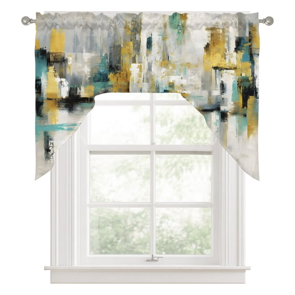 Teal Yellow Blocks Swag Valance for Windows, Abstract Oil Painting Architecture Swag Curtains Valances for Small Window Treatment Rod Pocket for Kitchen Bathroom 1 Panel 56x36in