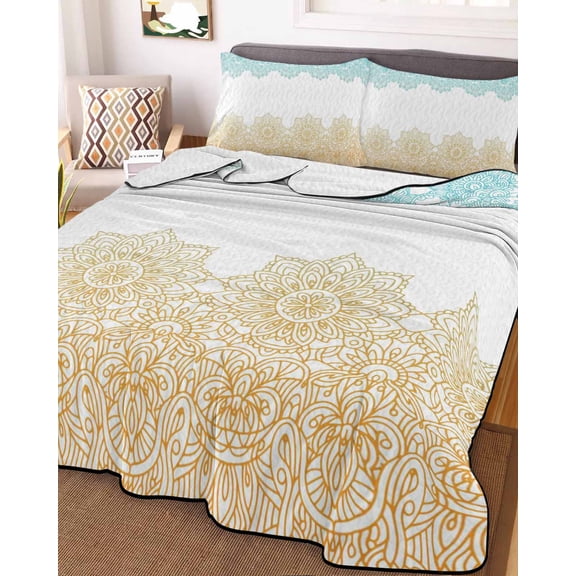 Teal Yellow Boho Full Size Down Alternative Comforter, Lightweight Comforter Quilt Bedding Set with Pillow Shams Vintage Ethnic Tribe Abstract Art All Seasons Bed Comforter Duvet Insert 78"x90"